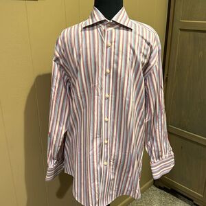 Neiman Marcus red/shades of blue stripe button down shirt. Large.